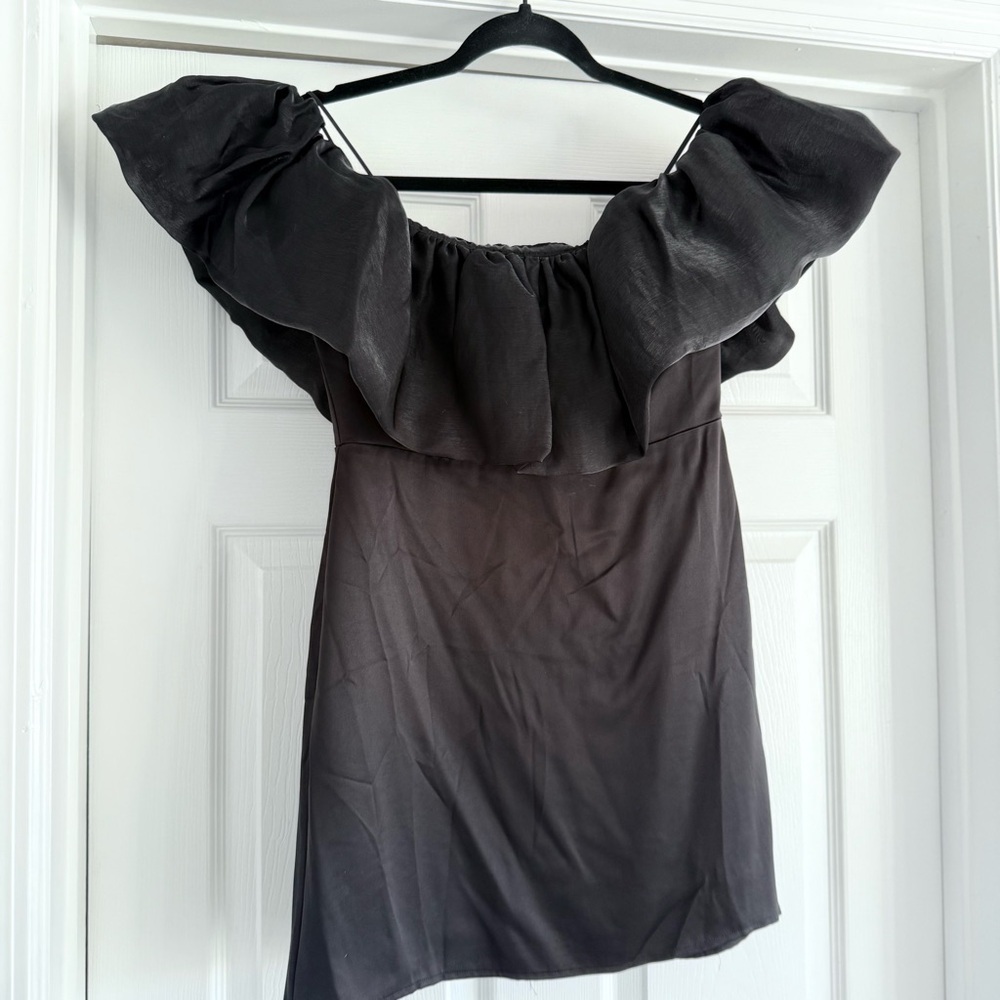REFORMATION Alber Black Satin Off The Shoulder Mini Cocktail Dress M - Picture 6 of 11